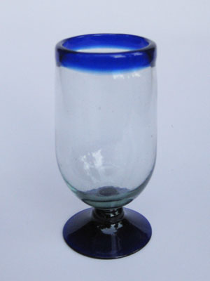 Wholesale MEXICAN GLASSWARE / 'Cobalt Blue Rim' tall water goblets  / These tall water goblets will embellish your table setting and give it a festive feel. Made from authentic hand blown recycled glass.